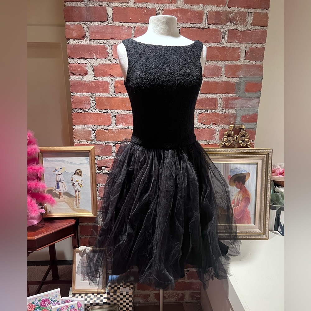 Edward An Vintage Black Boucle and Tulle Cocktail Dress with Grosgrain Belt